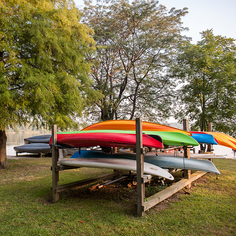 Kayak rentals stacked up in a rack