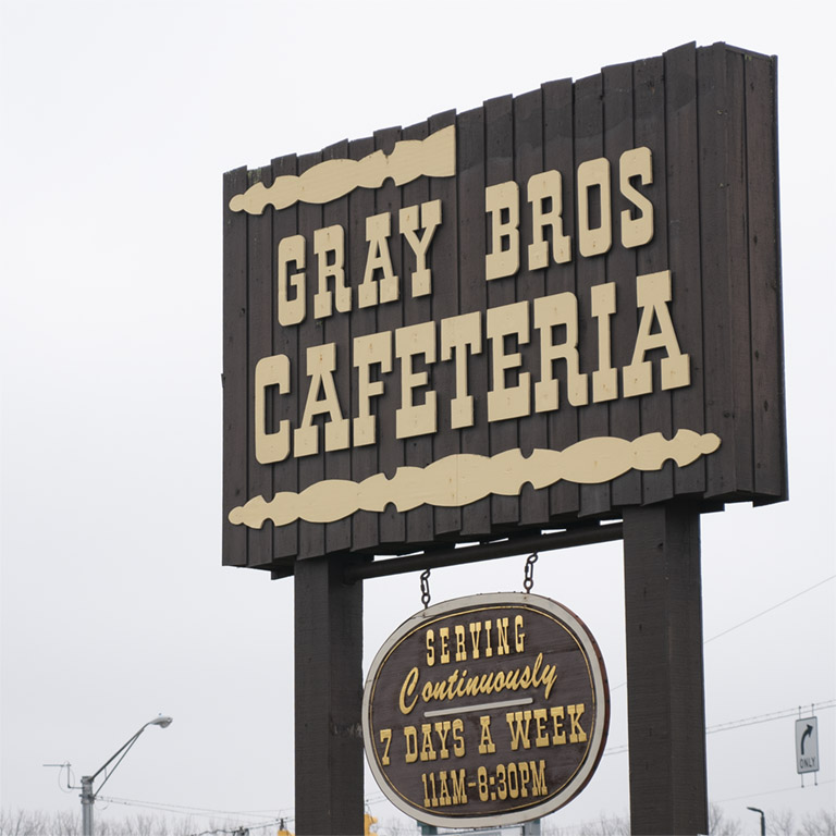 Sign for Gray Brothers Cafeteria in Mooresville