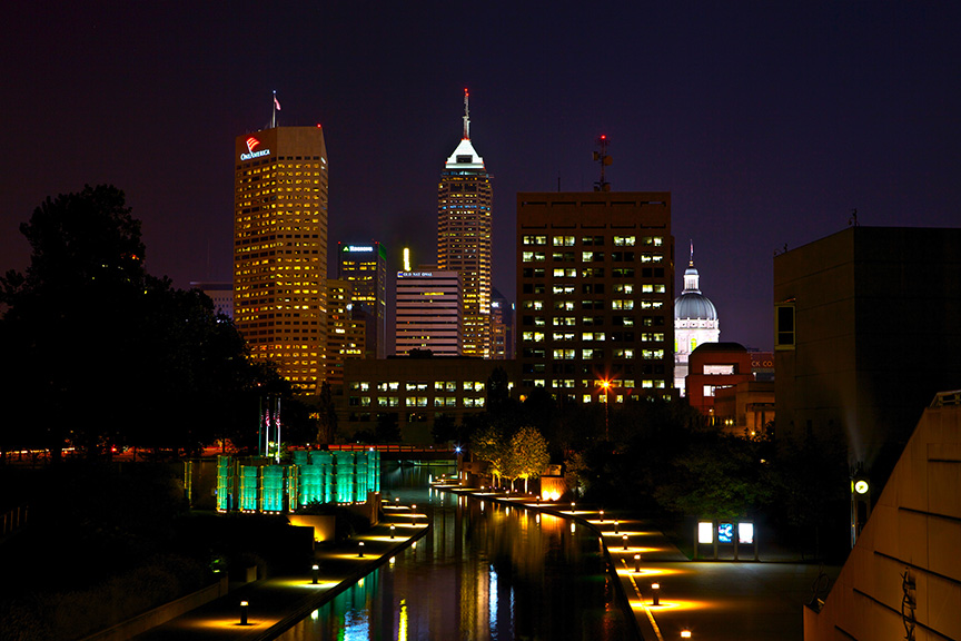 Indianapolis skyline view from the canal at night