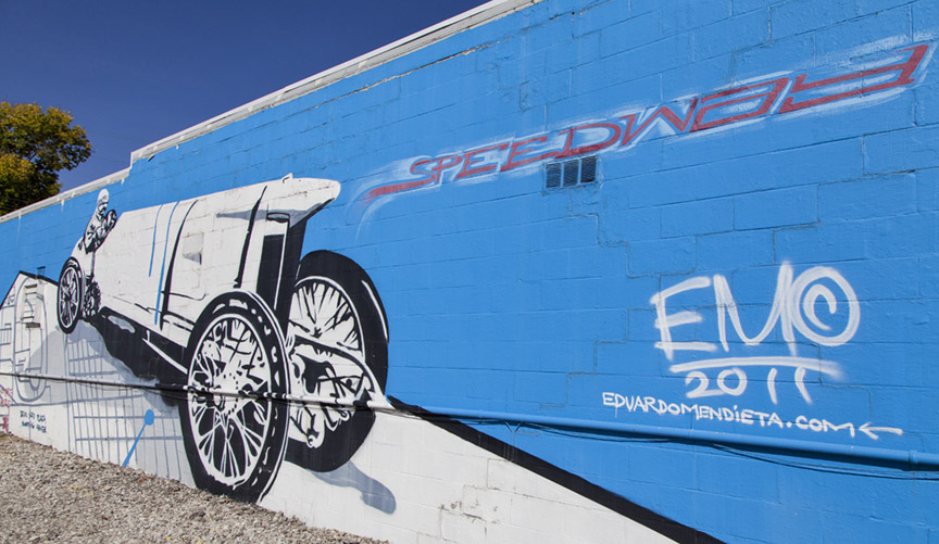 Mural of a race car in Speedway