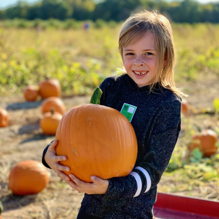 Young girl holding a pumpkin at Tuttle's Orchard