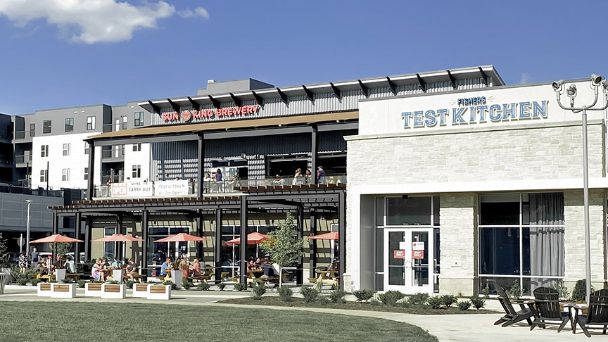 Exterior of the Test Kitchen and Sun King Brewery in Fishers
