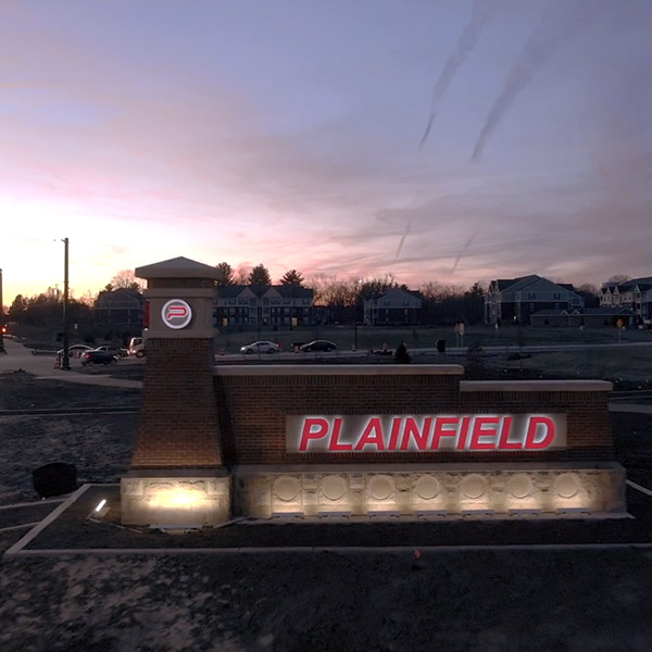 Plainfield sign at sunset