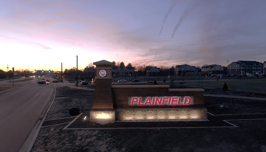 Plainfield sign at sunset