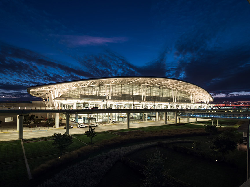 Evening exterior of the Indianapolis Airport Terminal