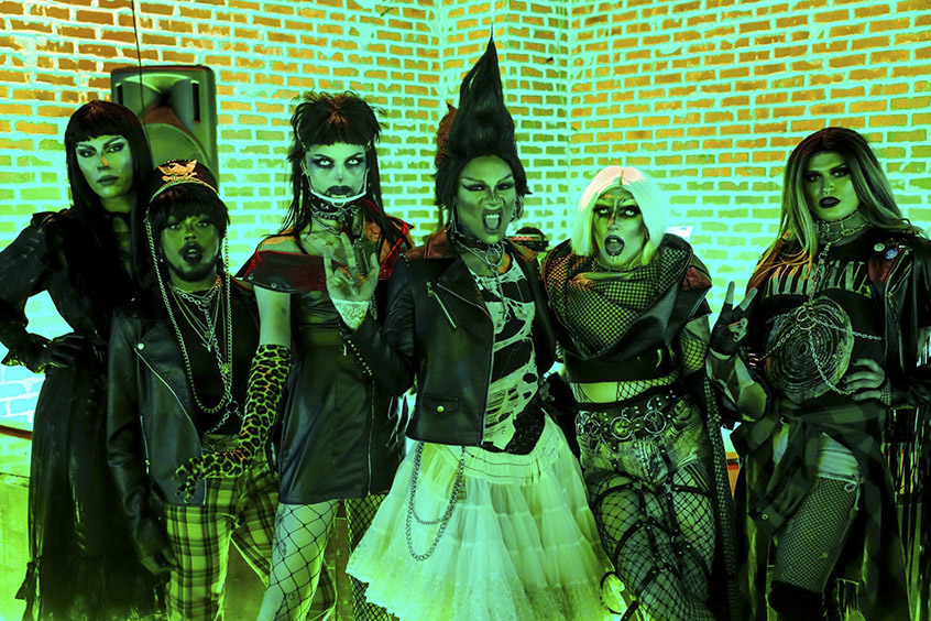Mirage, Ava, Pri-Mary, Miss Thang, Lady Dumpster and Sleazy Nicks pose in drag for a picture at Thematik