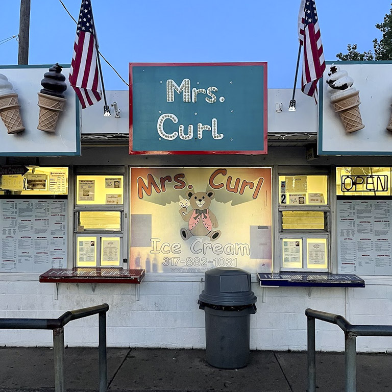 Evening exterior of Mrs. Curl Ice Cream