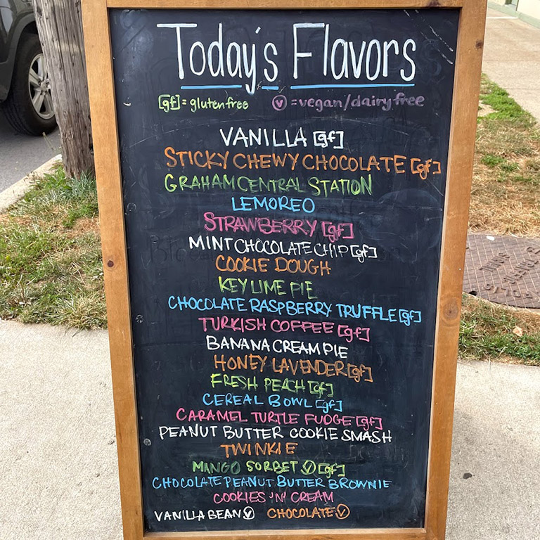 Signboard advertising flavors at Square Scoop