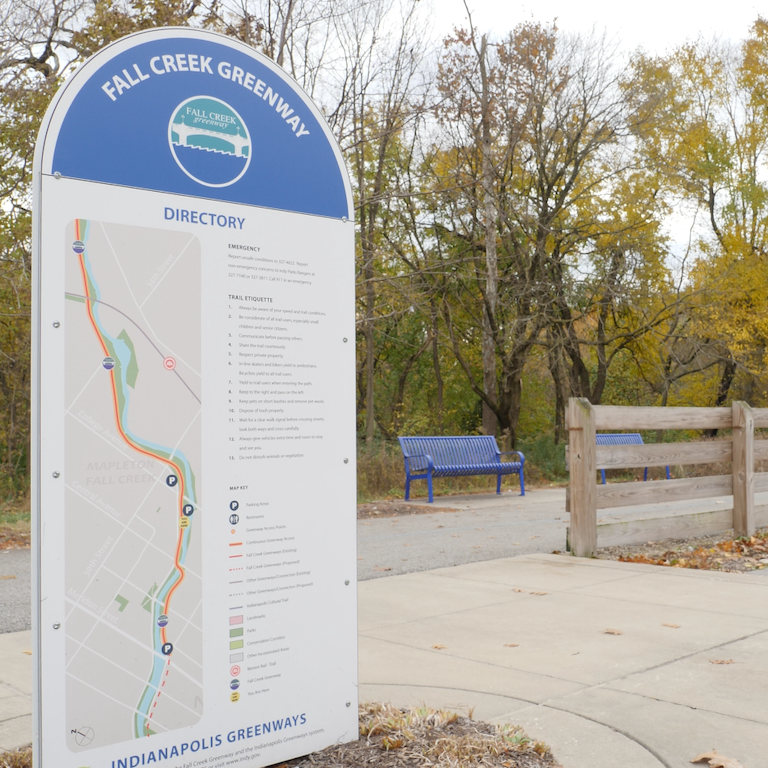 Sign with a map of Fall Creek Trail in Indianapolis