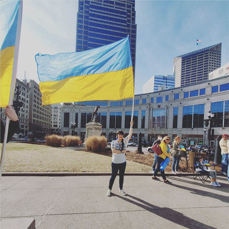 Ukraine flag at rally in Indianapolis