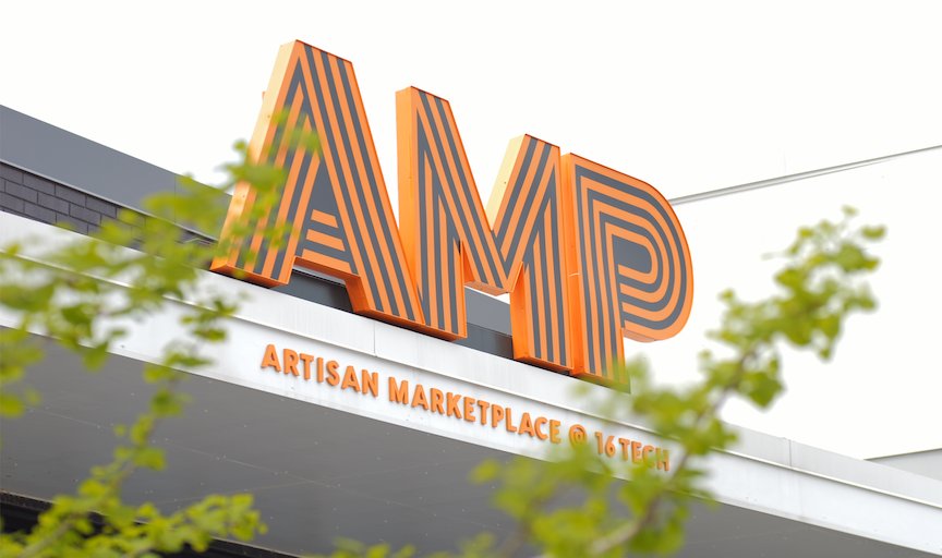 Exterior of the AMP food hall in Indianapolis