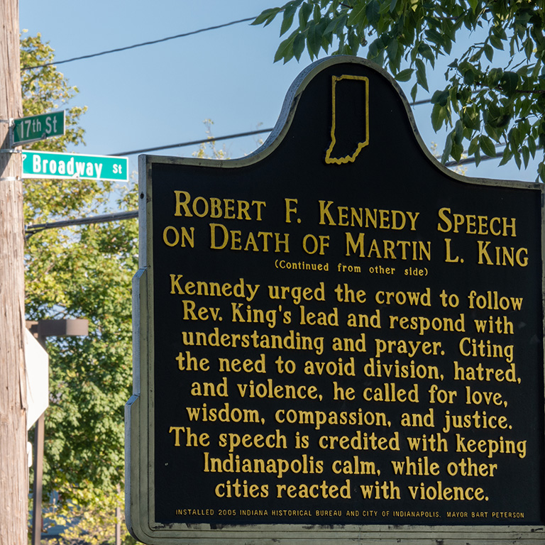 Historical sign with details of Robert Kennedy's speech on the night of Martin Luther King's assassination.