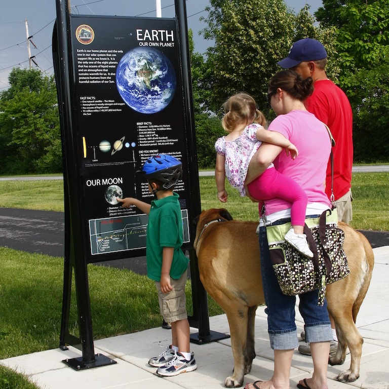 Family reads sign at the Pennsy Trail solar system model