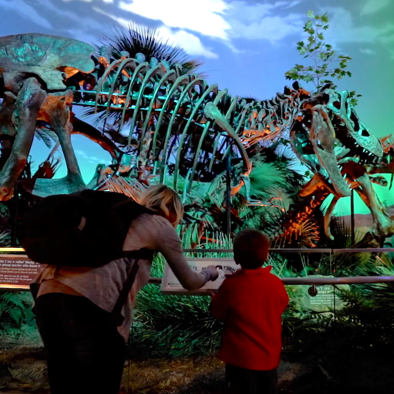 Family looking at the Dinosphere in the Children's Museum of Indianapolis