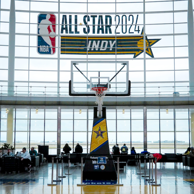 Basketball hoop installed at the Indianapolis Airport