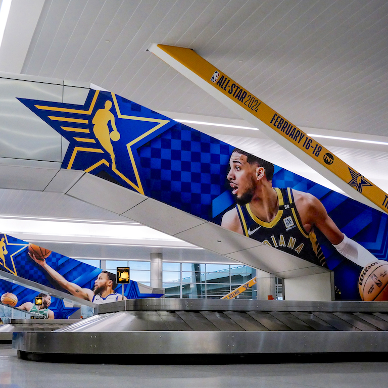 Baggage Claim decorated for the All-Star Game in Indianapolis