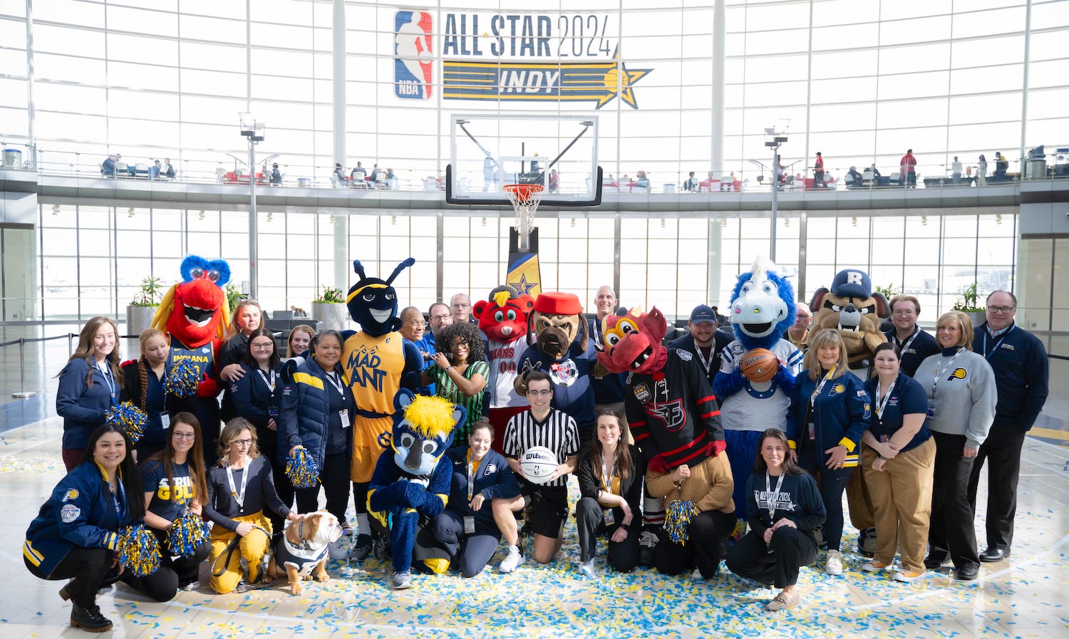 Indianapolis Airport Staff posing with Indiana Sports Mascots