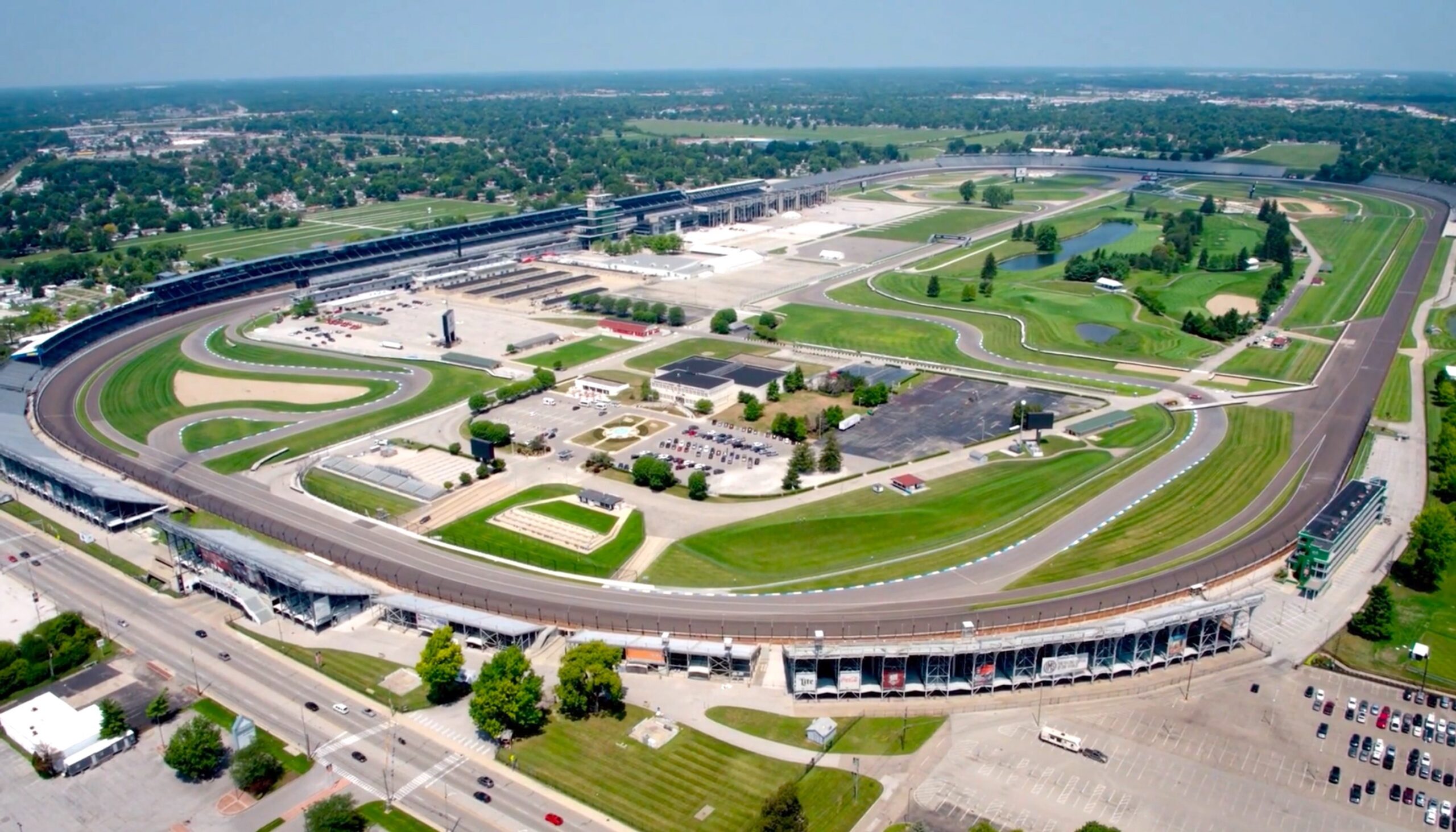 Drone shot looks over the oval track at the Indianapolis Motor Speedway