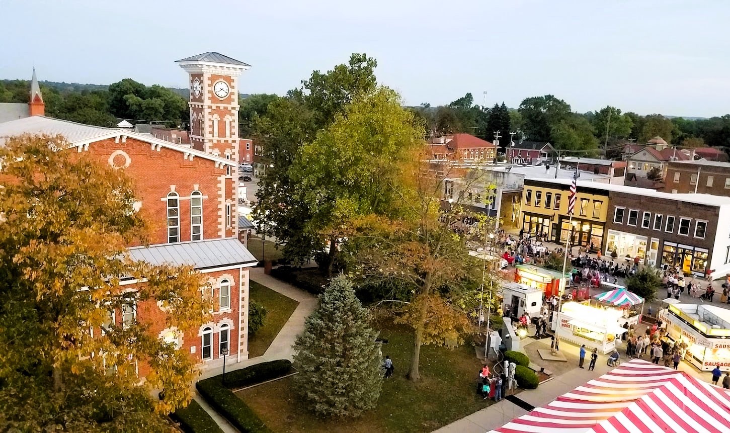 Drone shot of Martinsville Square during Fall Foliage Festival