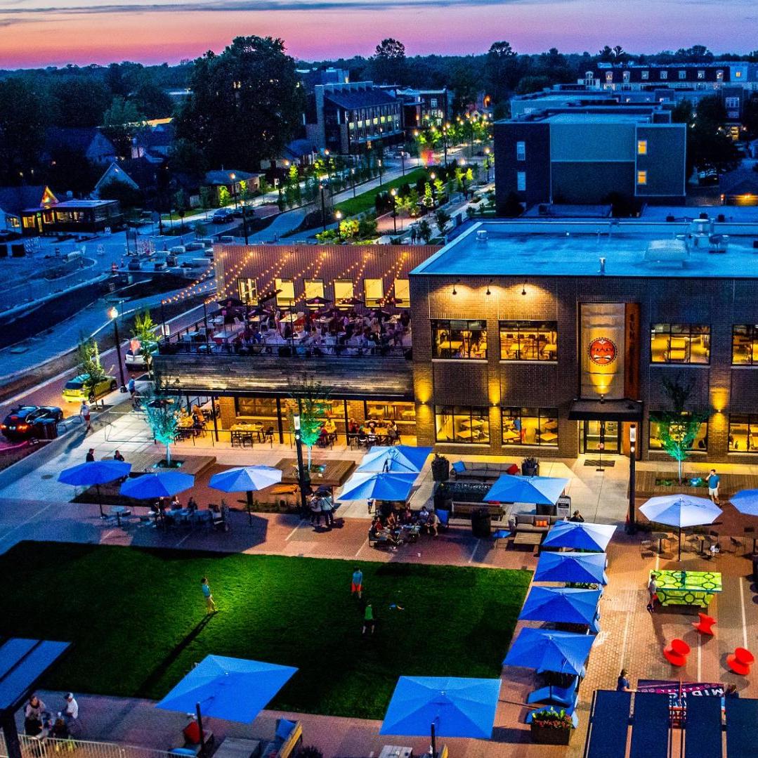 Drone shot looking down on Midtown Plaza in Carmel